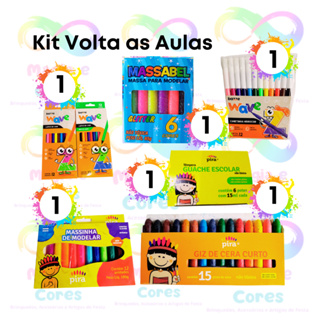Kit Volta as Aulas. Tinta Guache, Lápis de Cor, Massinha c/ 12, Canetinha, Giz de Cera, Massinha c/ Glitter. em Oferta na Shopee