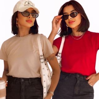 Kit 2 T-Shirt Feminina Camiseta Básica 100% Algodão Várias Cores Envio Imediato em Oferta na Shopee