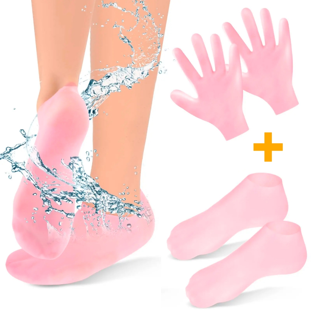 Kit Luvas e Meias de Silicone Gel Hidratação Esfoliação Dos Pés Ressecados Rachados Meia Pele Seca