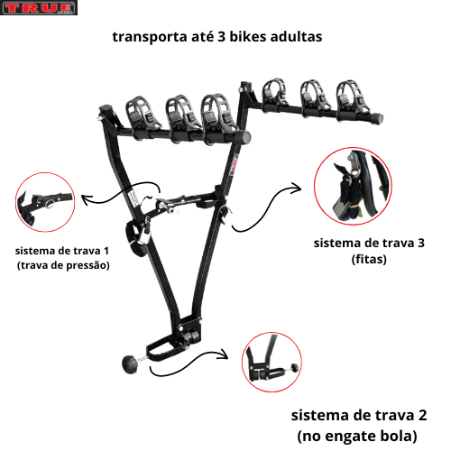 Suporte de Bicicleta para Carro Engate Bola True 3 Bikes Preto