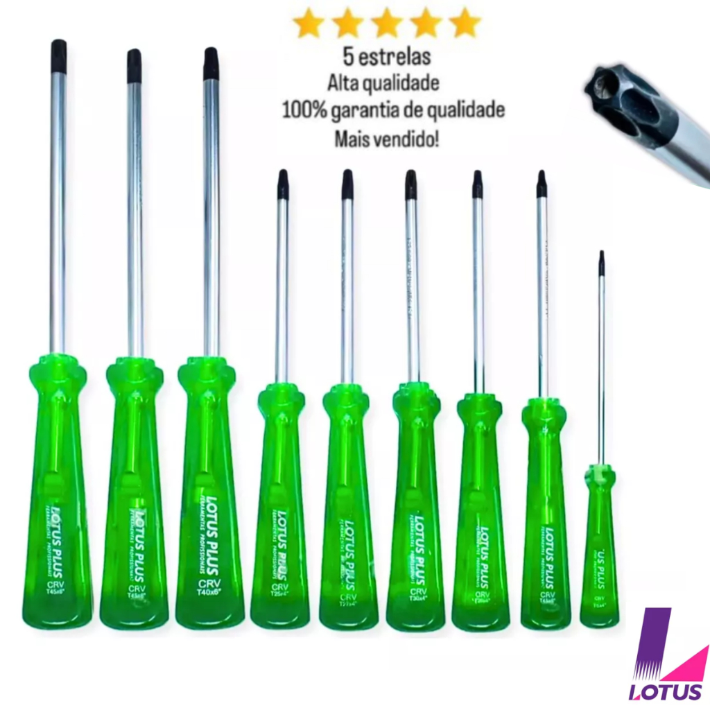 Kit Chaves Torx 9 Pçs Imantada Cromo Vanádio Profissional Cabo Pvc Rígido Reforçada Lotus em Oferta na Shopee