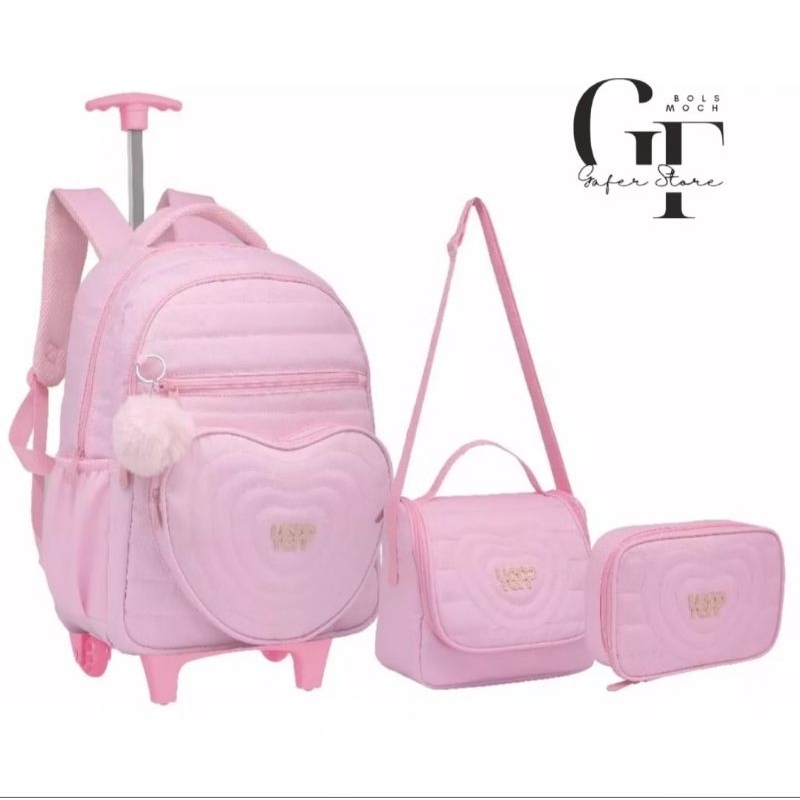 Kit Mochila Escolar Trolley Rodinha Coração Rosa Lilás Juvenil Infantil MF8090c