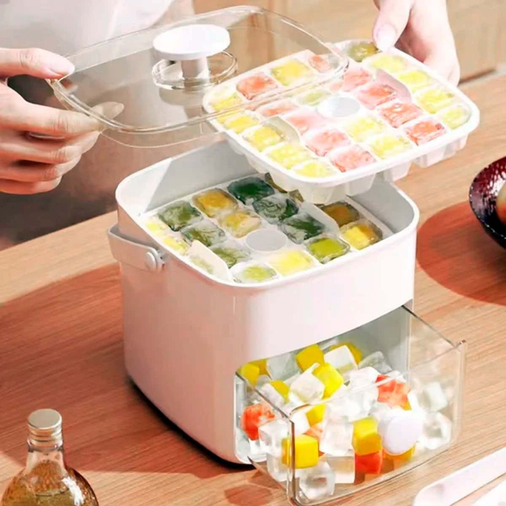 Forma Caixa Dispenser De Gelo 48 Cubos Com Gaveta Botão Solta Gelo E Pegador Luxo
