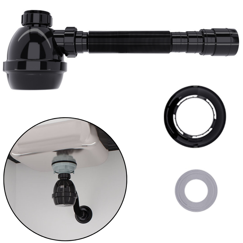 Sifão Preto Sanfonado Flexível com Copo Tubo Extensivo Universal Com Canopla Blukit
