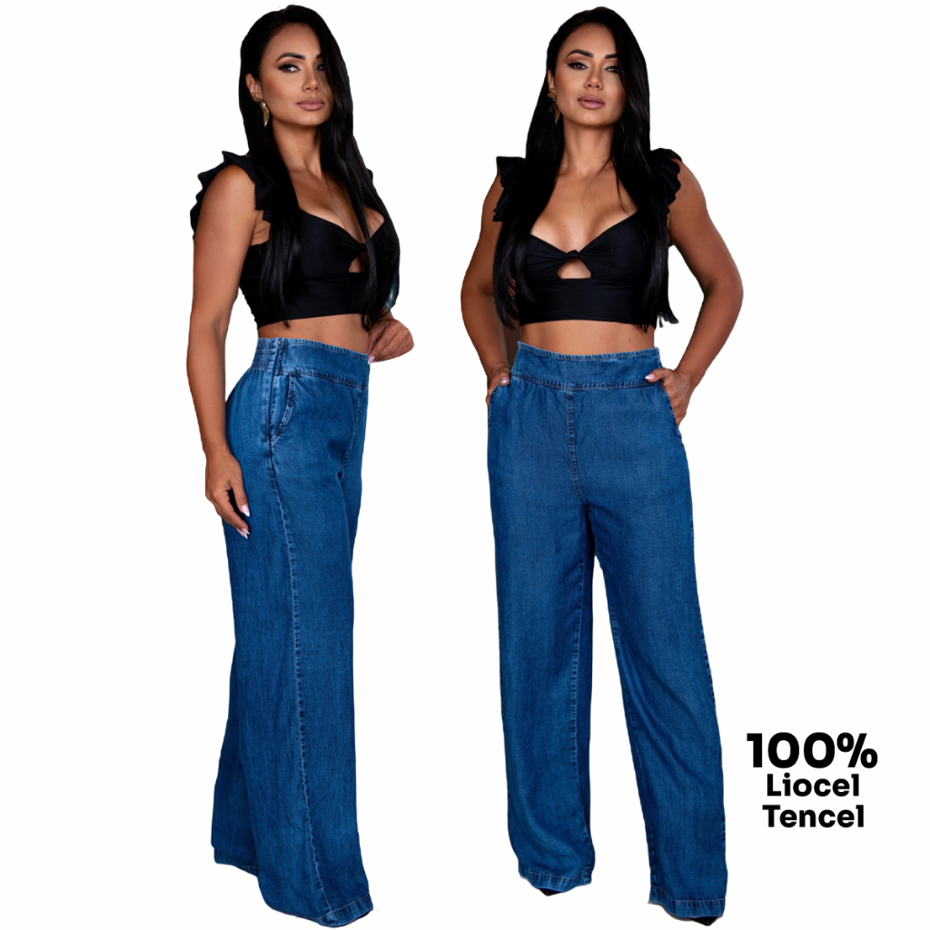 Calça Jeans Feminina Pantalona com Elástico e Bolsos 100% Liocel Tencel