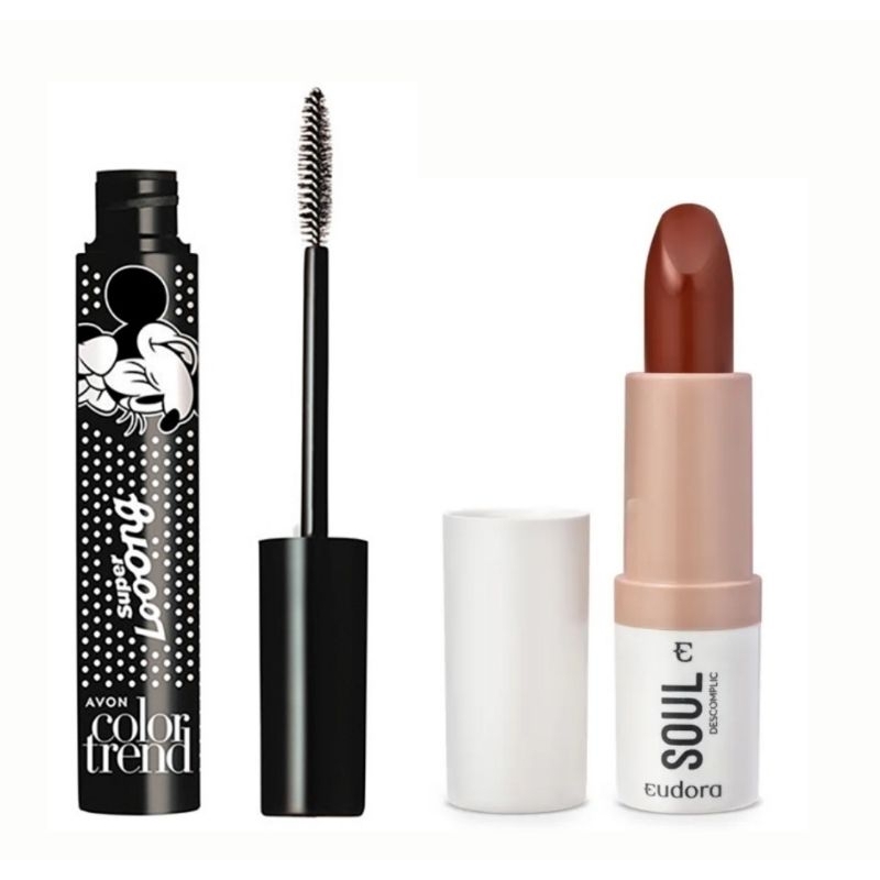 Máscara de cílios Super Long color Trend disney e batom eudora soul caramelo sutil