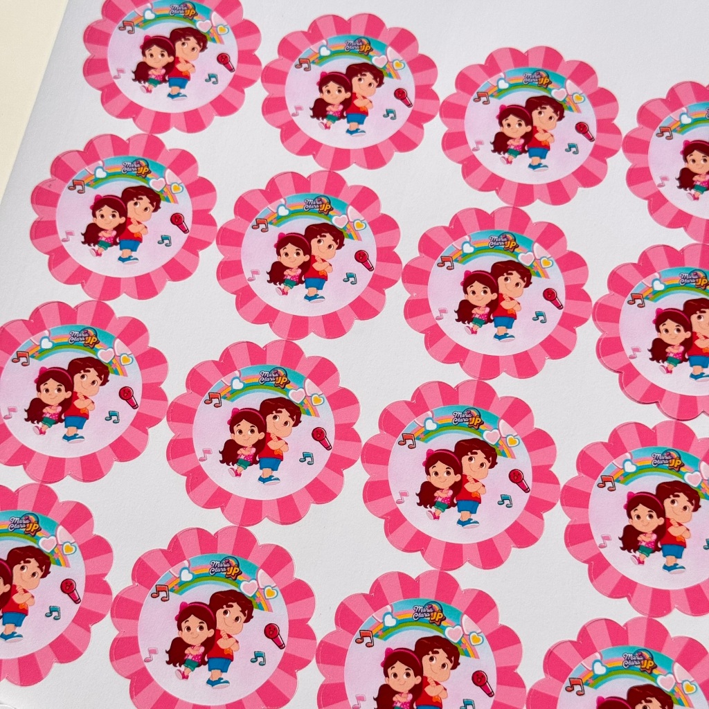 40 rótulos adesivos redondo 4,5cm tema MARIA CLARA e JP rótulos para latinhas ROSA