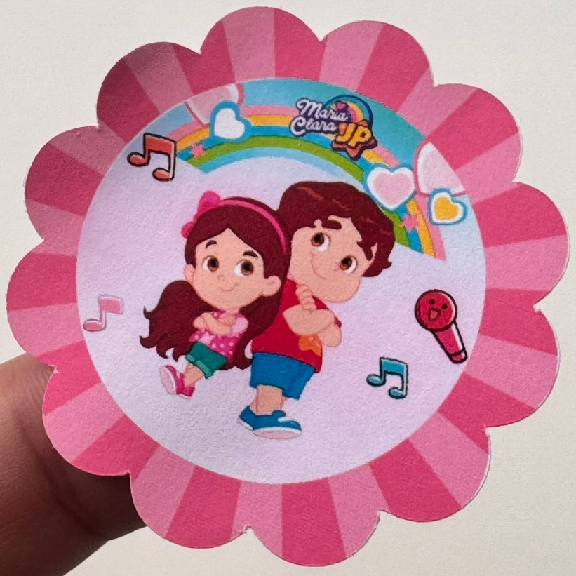 40 rótulos adesivos redondo 4,5cm tema MARIA CLARA e JP rótulos para latinhas ROSA