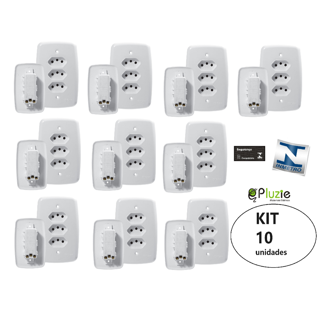 Kit 10 Tomada Tripla 20a Monobloco Linha Fácil Ligar Ideale Pluzie Cor Branca