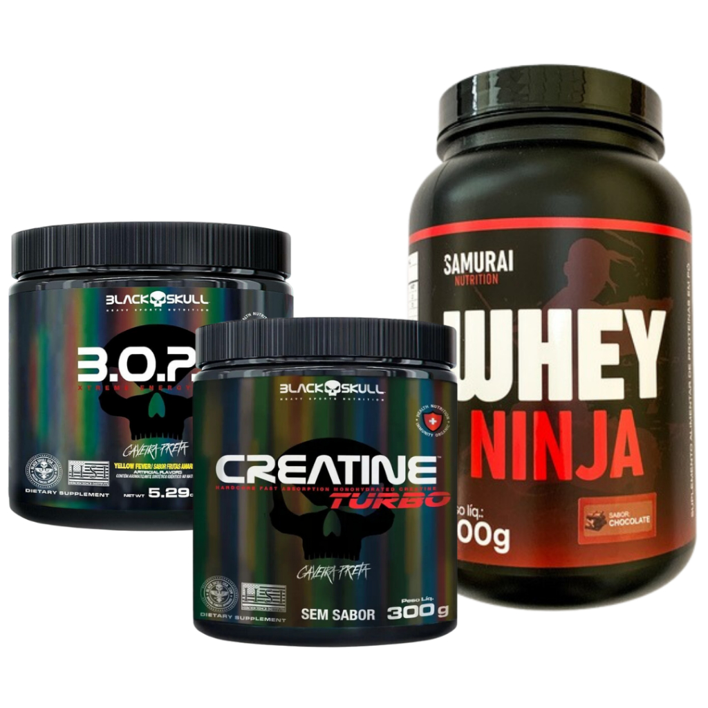 Kit Creatina Turbo Pote 300g + Pre Treino Bope 150g F. Vermelhas + Whey Protein Pote 900g Samurai