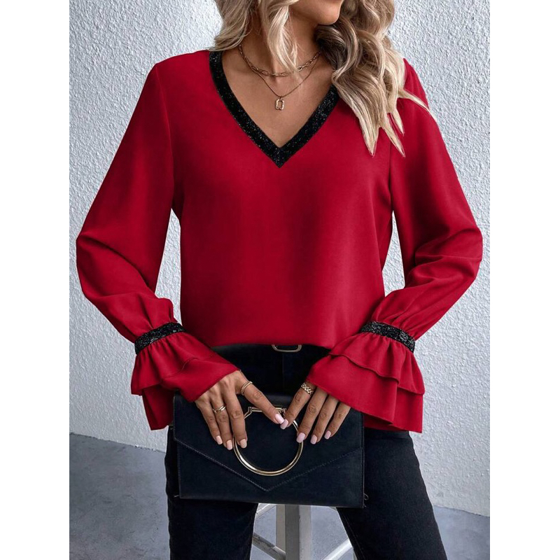 Blusa Feminina Elegante Manga Longa Brilho Confortável Alta Tendência Moda Vermelho SH D043