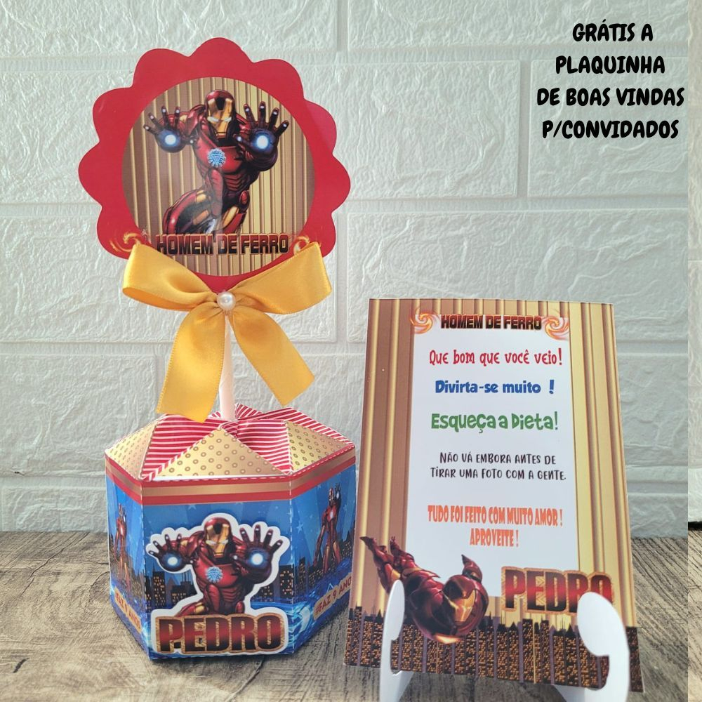 Centro de Mesa do Homem de Ferro, Cachepô,Arranjo Enfeite Personalizado p/Lembrancinha de Festa  c/ Laço e Plaquinha