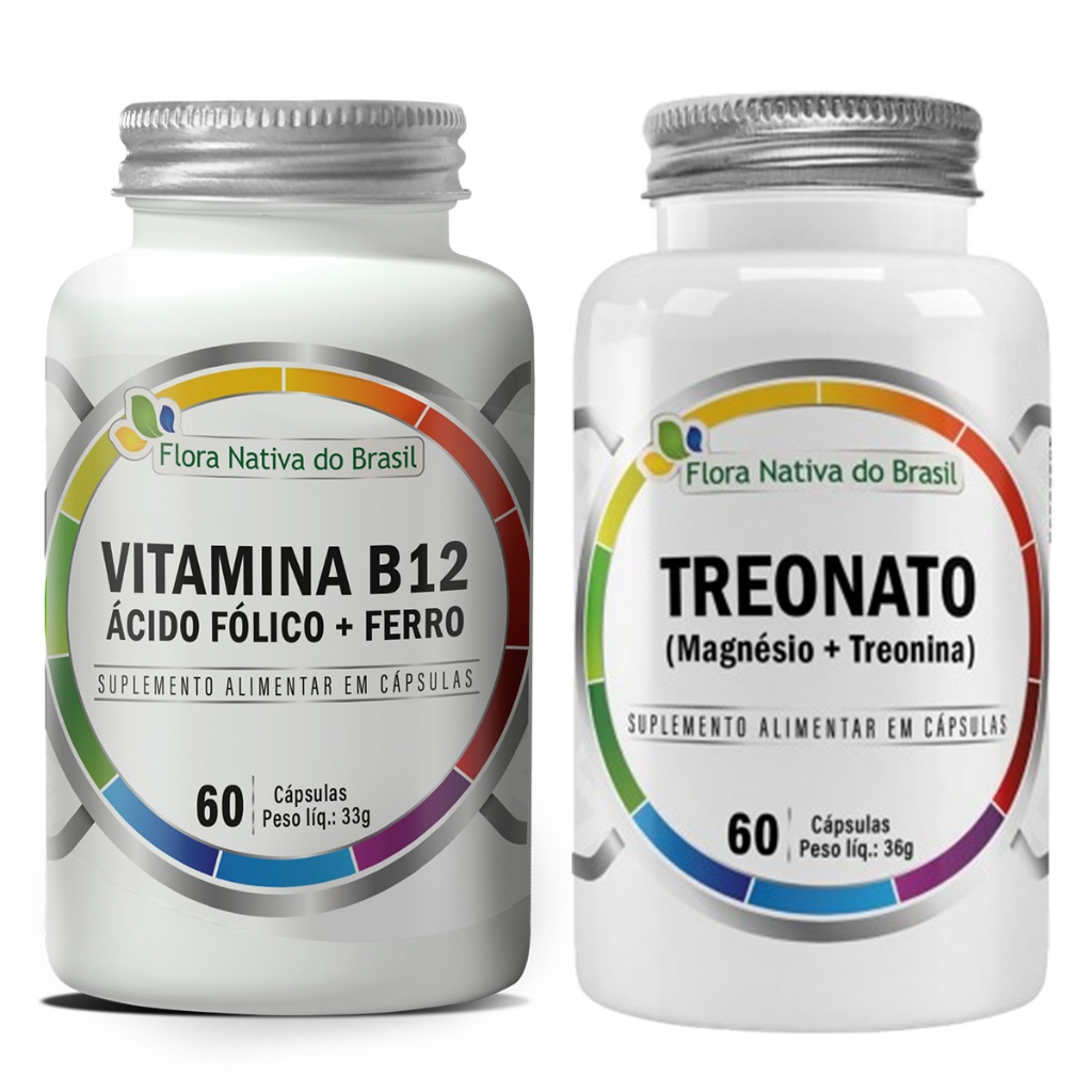 Kit Ferro, Ácido Fólico E Vitamina B12 60 Caps + Magnésio L Treonato 60 Caps 60 Caps