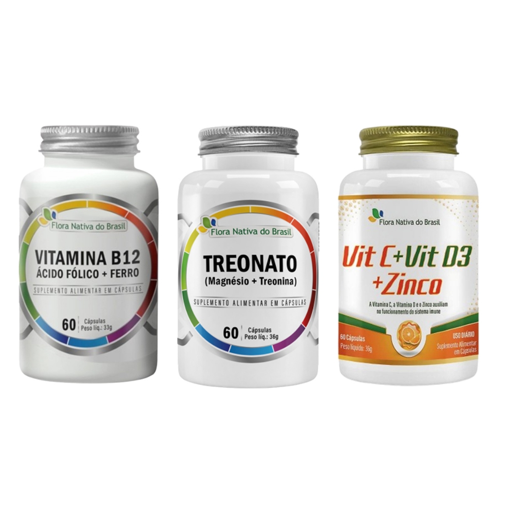 Kit Ferro, Ácido Fólico E Vitamina B12 60 Caps + Magnésio L Treonato 60 Caps + Vit C + Vit D + Zinco 60 Caps