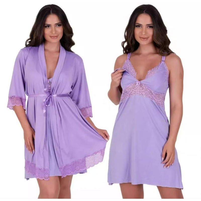 Robe + camisola amamentação detalhes em renda roupa para gestante pós parto saída maternidade roupão roupa de grávida em Oferta na Shopee