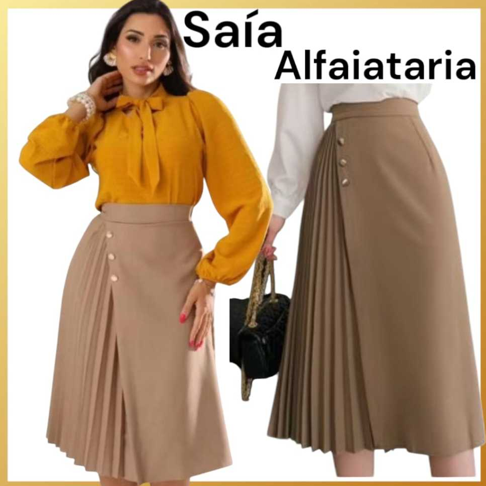 Saia feminina midi alfaiataria plinssada saia rodada com ziper moda evagelica P AO G2