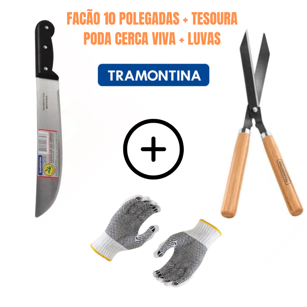 Kit Facão 10 Polegadas Tramontina + Tesoura de Poda Tramontina + Luvas Pigmentadas P/ Jardinagem