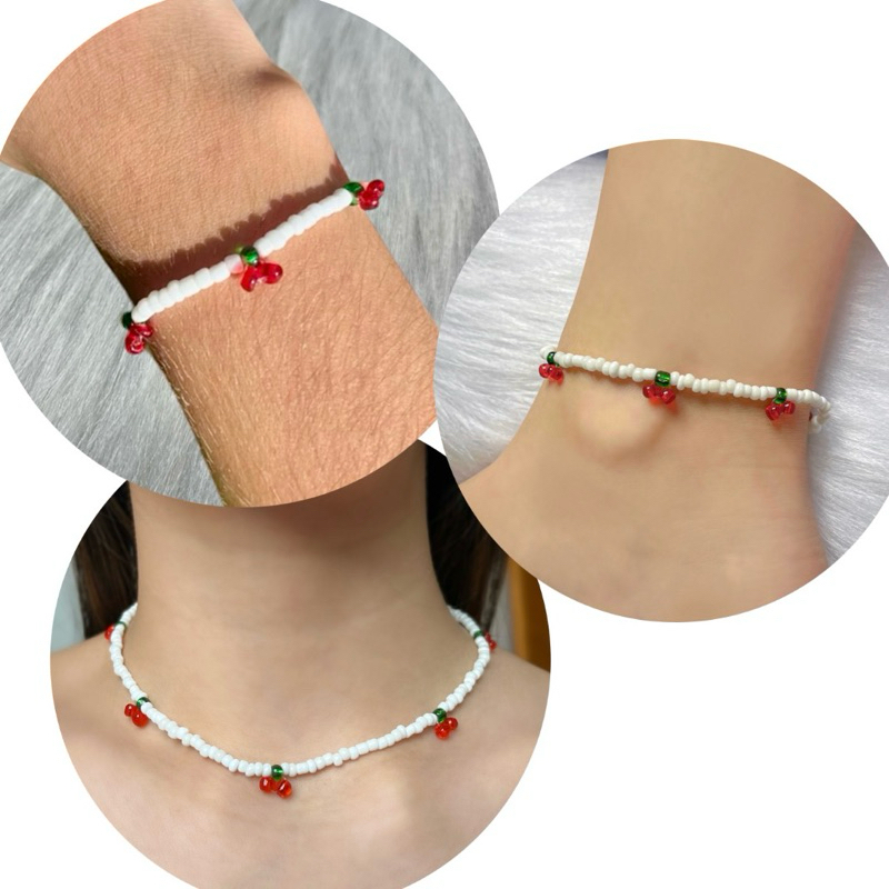 Kit de miçangas com pulseira, tornozeleira e gargantilha de cereja 🍒