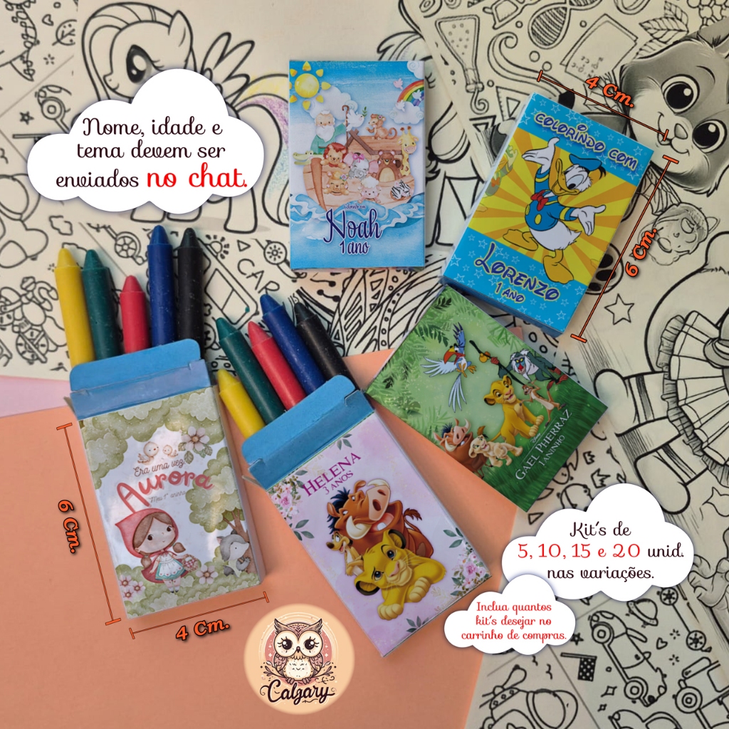 Giz de cera personalizado para festas com adesivo na caixinha, 5 cores pequeno 4x6 cm