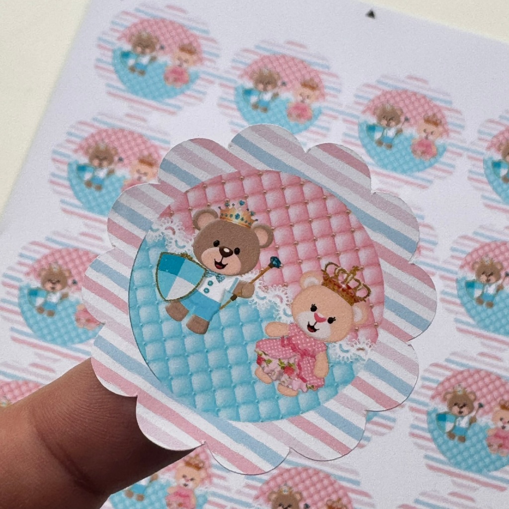 40 rótulos adesivos redondo 4,5cm tema Ursinho Revelação SEM NOME, rótulos FOSCO para latinha azul bb e rosas FLOR