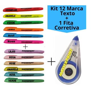 Kit 12 Marca Texto (6 Neon + 6 pastel) + 1 Fita Corretiva Masterprint em Oferta na Shopee