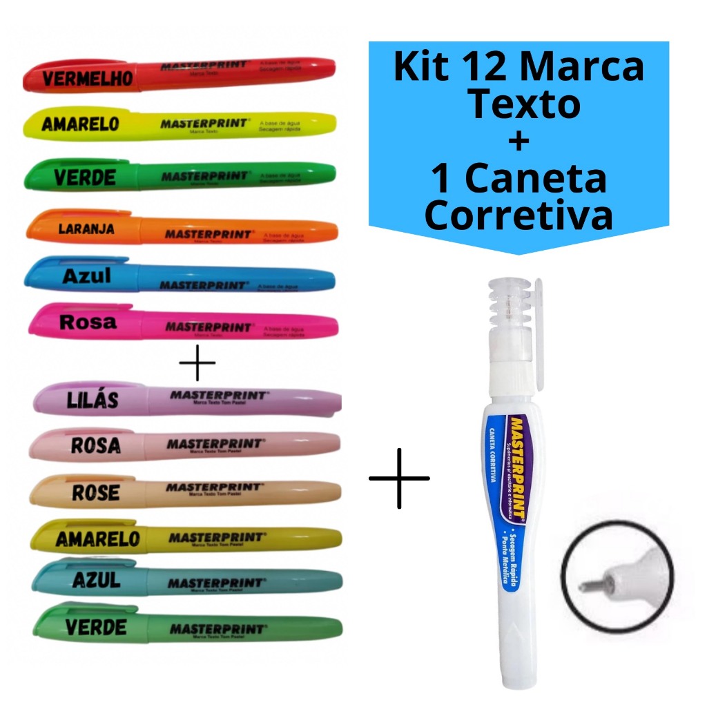 Kit 12 Marca Texto (6 Neon + 6 pastel) + 1 Caneta Corretiva Masterprint em Oferta na Shopee