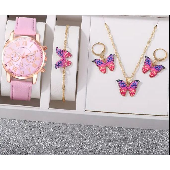 Conjunto Relógio Colar Brincos Pulseira Acessório Feminino CodX01 Colar Borboleta Brincos Feminino Borboleta Relógio Ros
