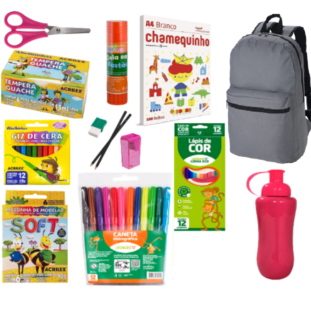 Kit 57 itens Lapis de Cor c/ 12 Canetinha c/12  Guache Massinha Giz  1 Cola  Sulfite Tesoura 2 Lápis borracha Tesoura