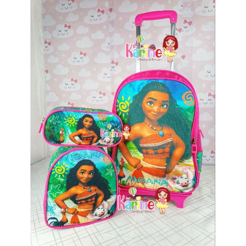 Kit Mochila de rodinhas + estojo + lancheira+ Escolar Infantil MOANA Feminna/Mochila para menina