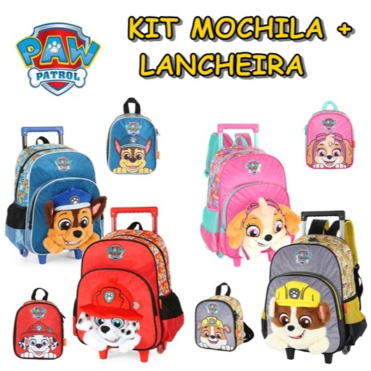 KIT MOCHILA DE CARRINHO EM PELUCIA 3D COM LANCHEIRA PATRULHA CANINA SKYE, CHASE, MARSHALL - LUXCEL