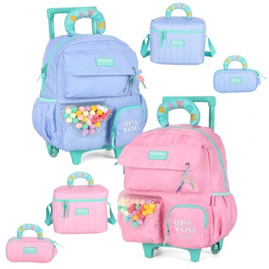 KIT MOCHILA DE CARRINHO COM LANCHEIRA TÉRMICA E ESTOJO POMPOM ROSA/AZUL - LUXCEL