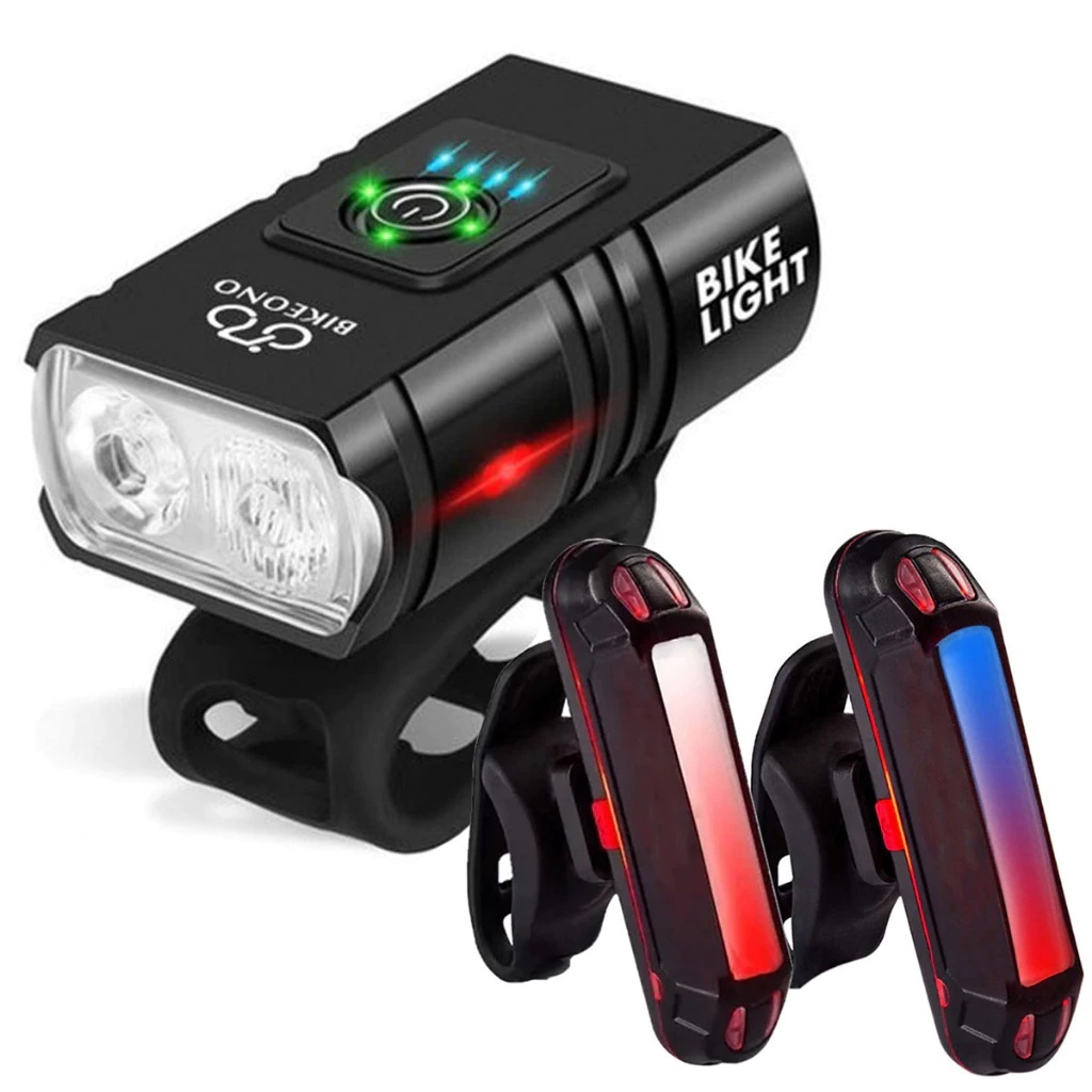 Lanterna 2 Led Farol Bike Usb Recarregável Led Luzes Com Visor + Sinalizador