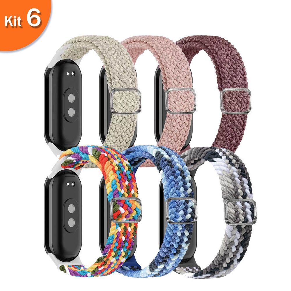 Kit 6 Pulseira de de nylon trançado para Smartwatch Xiaomi mi Band 8 9, Solo Loop esportiva esticável Mi band 8 9