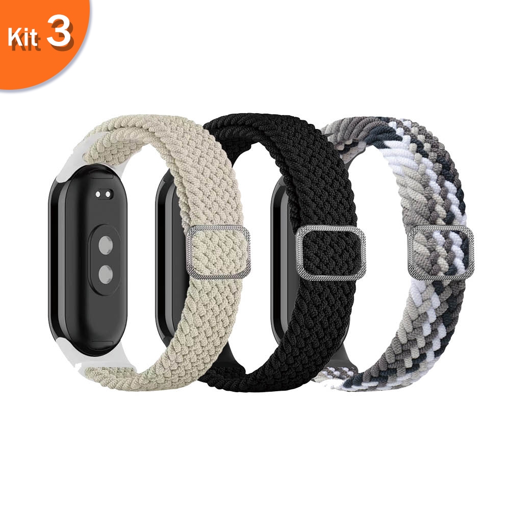 Kit 3 Pulseira de de nylon trançado para Smartwatch Xiaomi mi Band 10 8 9, Solo Loop esportiva esticável Mi band 10 9 8