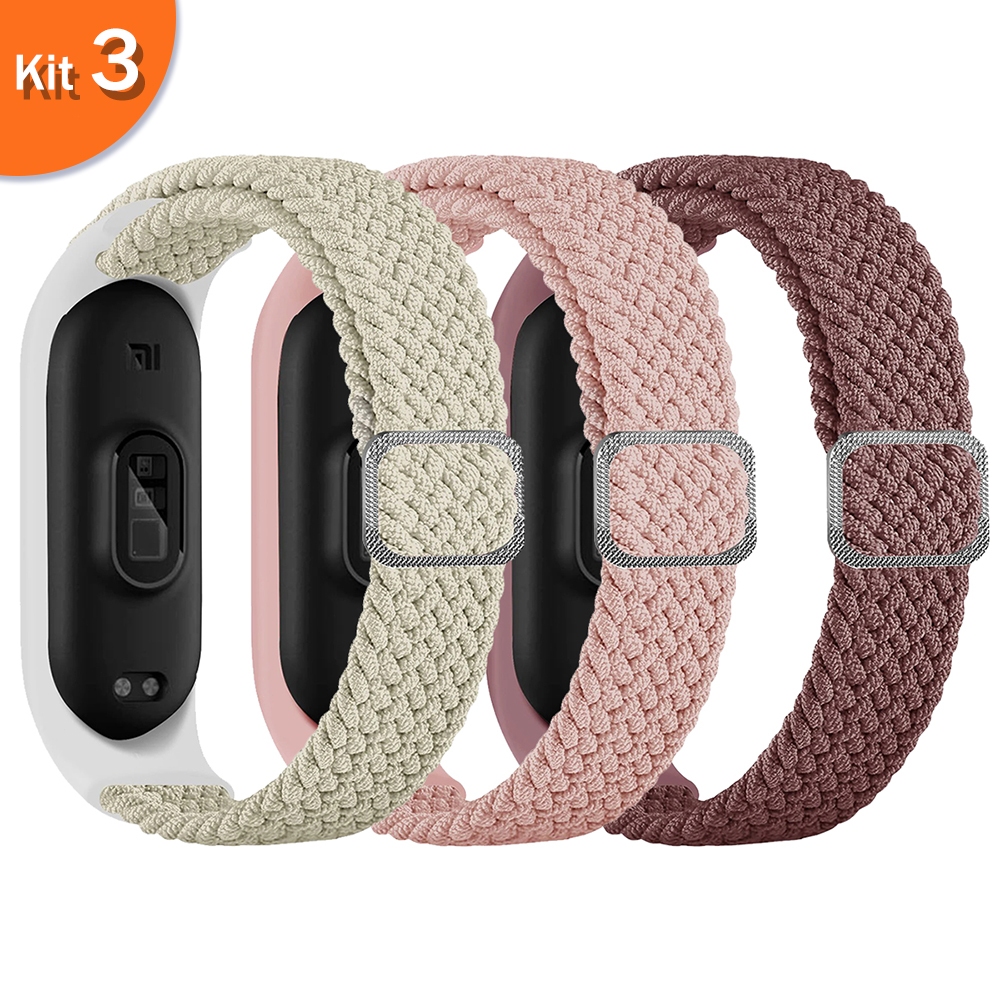 Kit 3 Pulseira de nylon trançado para Smartwatch Xiaomi mi Band 7 6 5 4 3, Solo Loop ajustável Miband