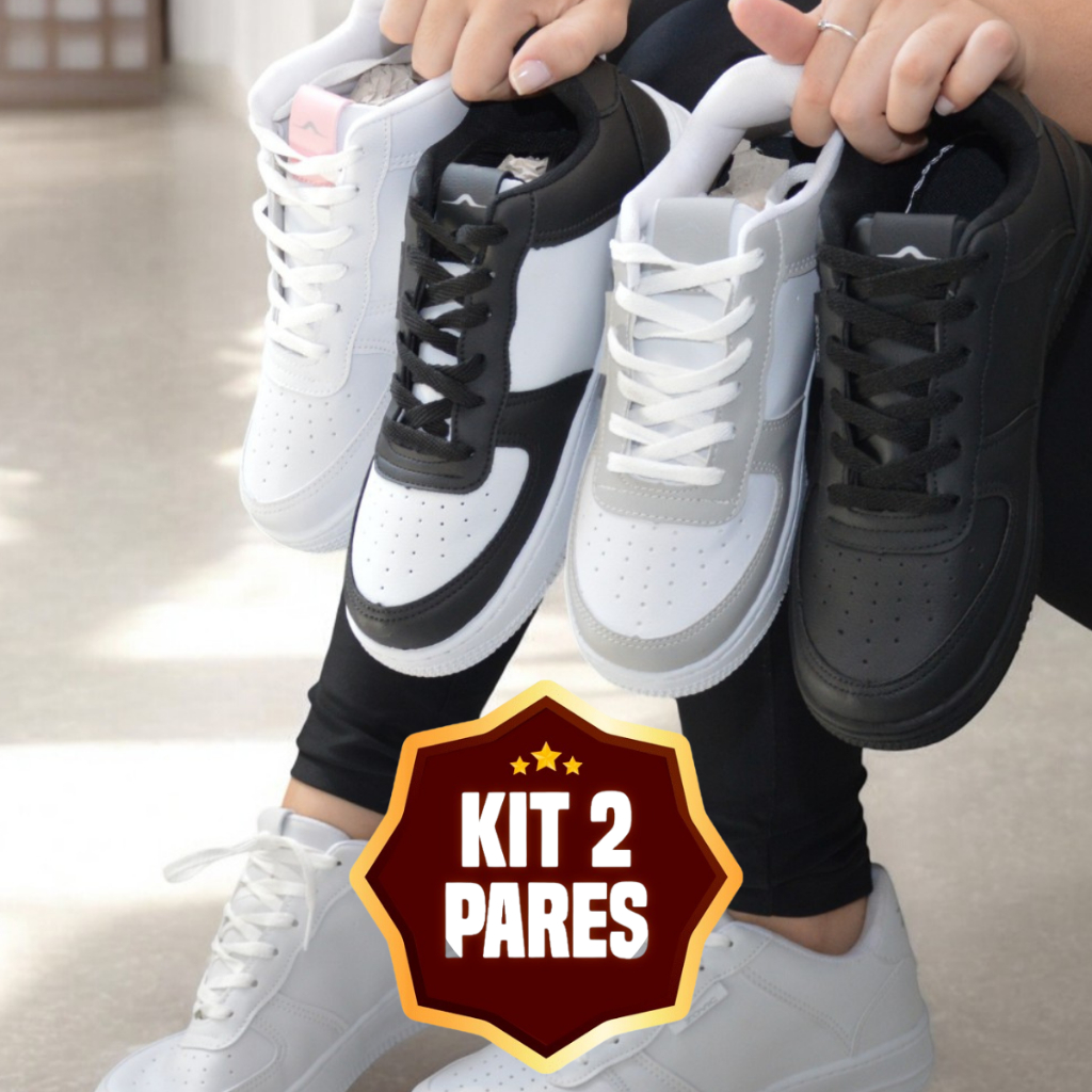 KIT 2 Tênis Masculino  Branco e Preto Tênis Feminino Skate Casual
