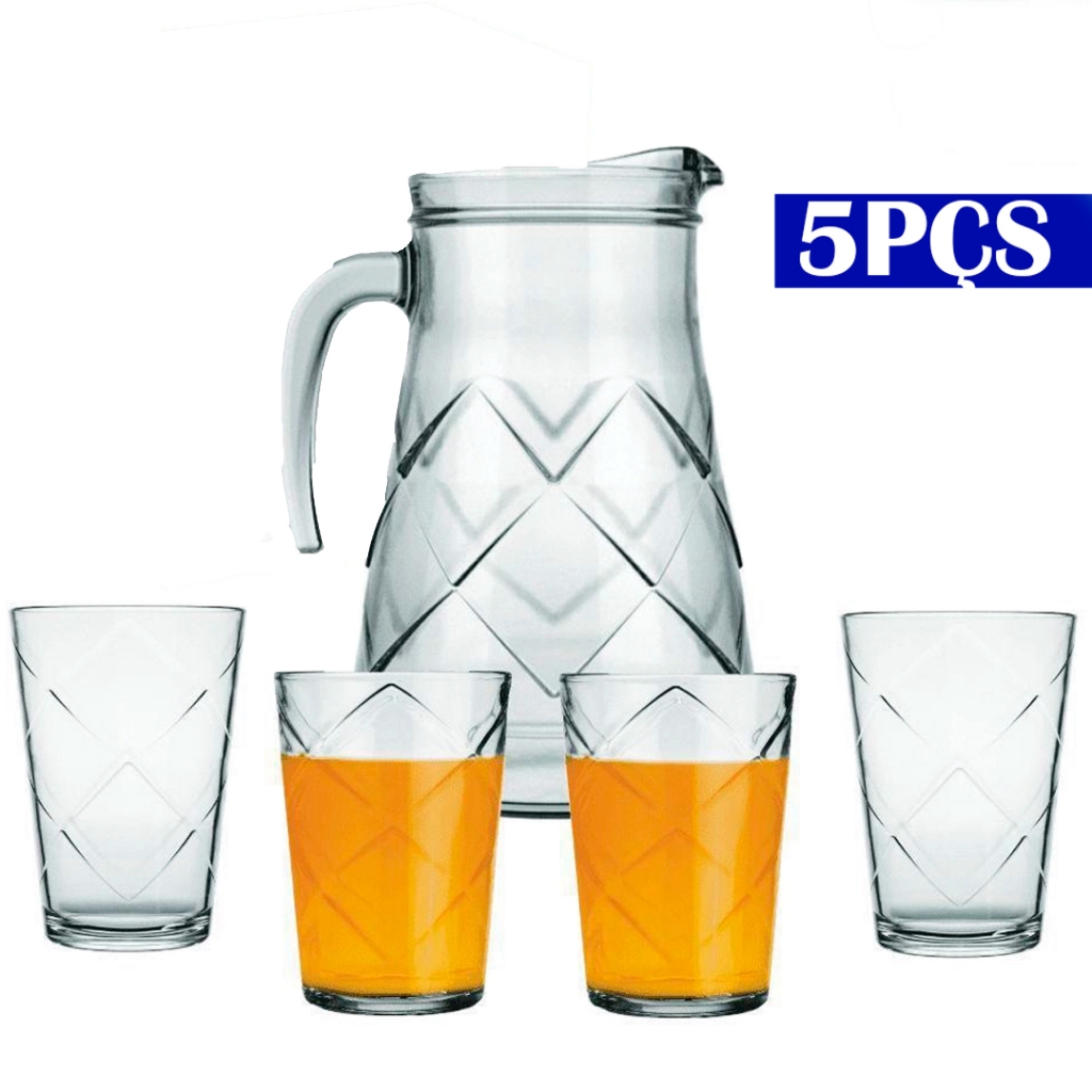Kit Jarra De Suco Água 1,5 Litros Completo 4 Copos Vidro em Oferta na Shopee