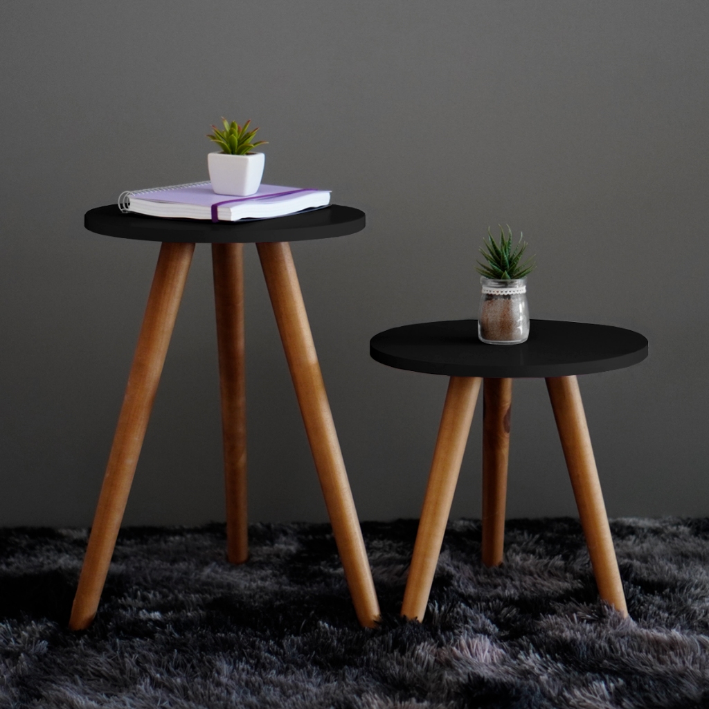 Duas Mesinhas Lateral Apoio Sofa Mdf Preto E Madeira