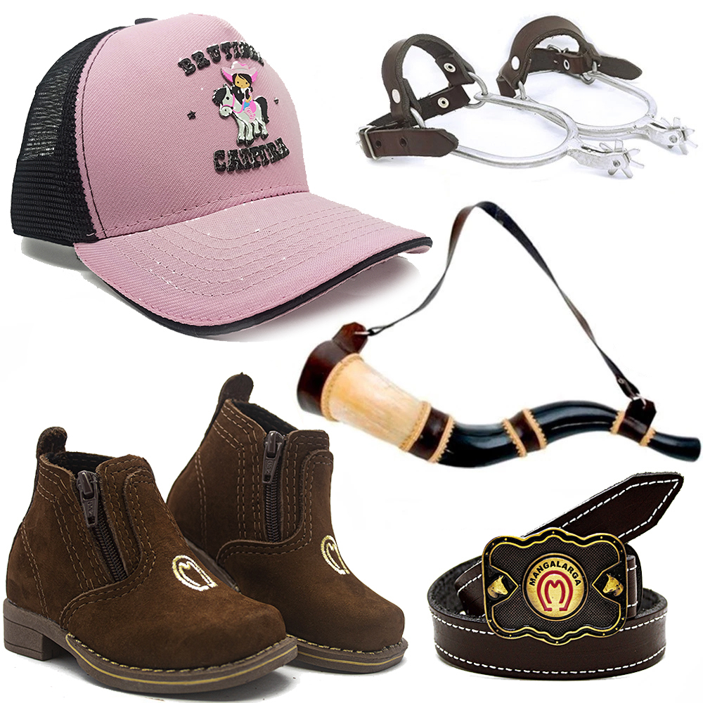 Kit Infantil Country Botina Mangalarga + Bone Brutinha Caipira + Cinto Couro + Berrante Mirim + Espora CV