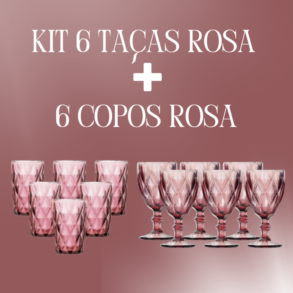 Jogo 12 peças Copos 350ml e Taças 340ml Diamond Rosa Agua suco Drinks Vinho Cerveja