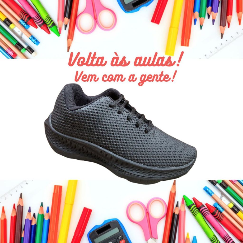 Tênis Infanti Colegial Preto e Branco com  Cadarço para Menino e Menina