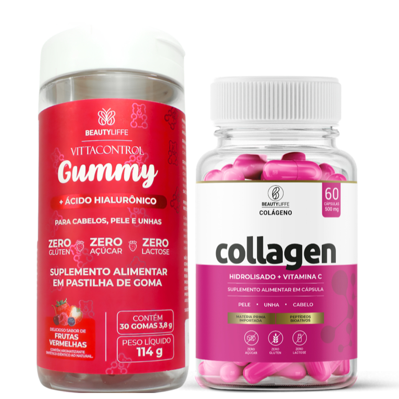 Goma de Vitamina Crescimento Capilar + Colageno Kit Completo Pele Unhas e Cabelo + Ácido Hialurônico