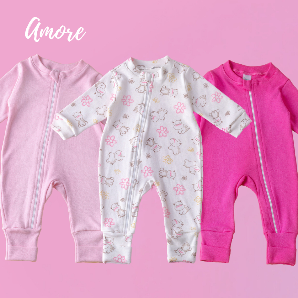 3 Macacões Vira Pé Amore Menina - Suedine 100% Algodão