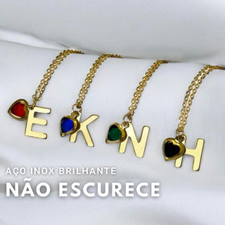 Colar Letra Inicial Coração Dourado Ouro - Colar Zircônias Aço Inoxidável não escurece Colar Coração letra nome inicial