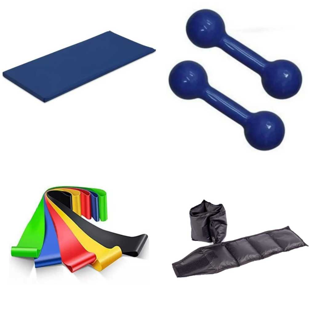 Combo Gym Caseiro: Halter Azul 2kg + Caneleira 1kg + Elástico Band + Colchonete Pilates