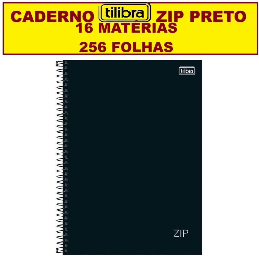 Caderno Tilibra 16 Matérias 256 Folhas Escolar zip Capa Dura Preto capa preta Modelo