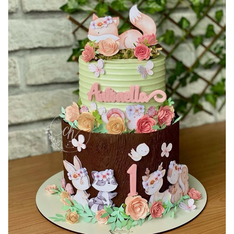 topper topo de bolo bosque encantado aquarela personalizado em camadas nome e idade cute baby mêsversário aniversário