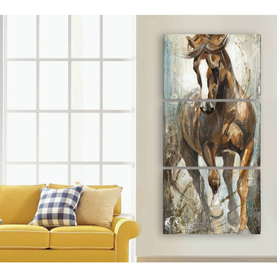 Quadro Decorativo Mosaico Cavalo Alazão 120x60 Kit 3 Peças Sala Quarto Corredor Recepção Escritório Clínica Consultório