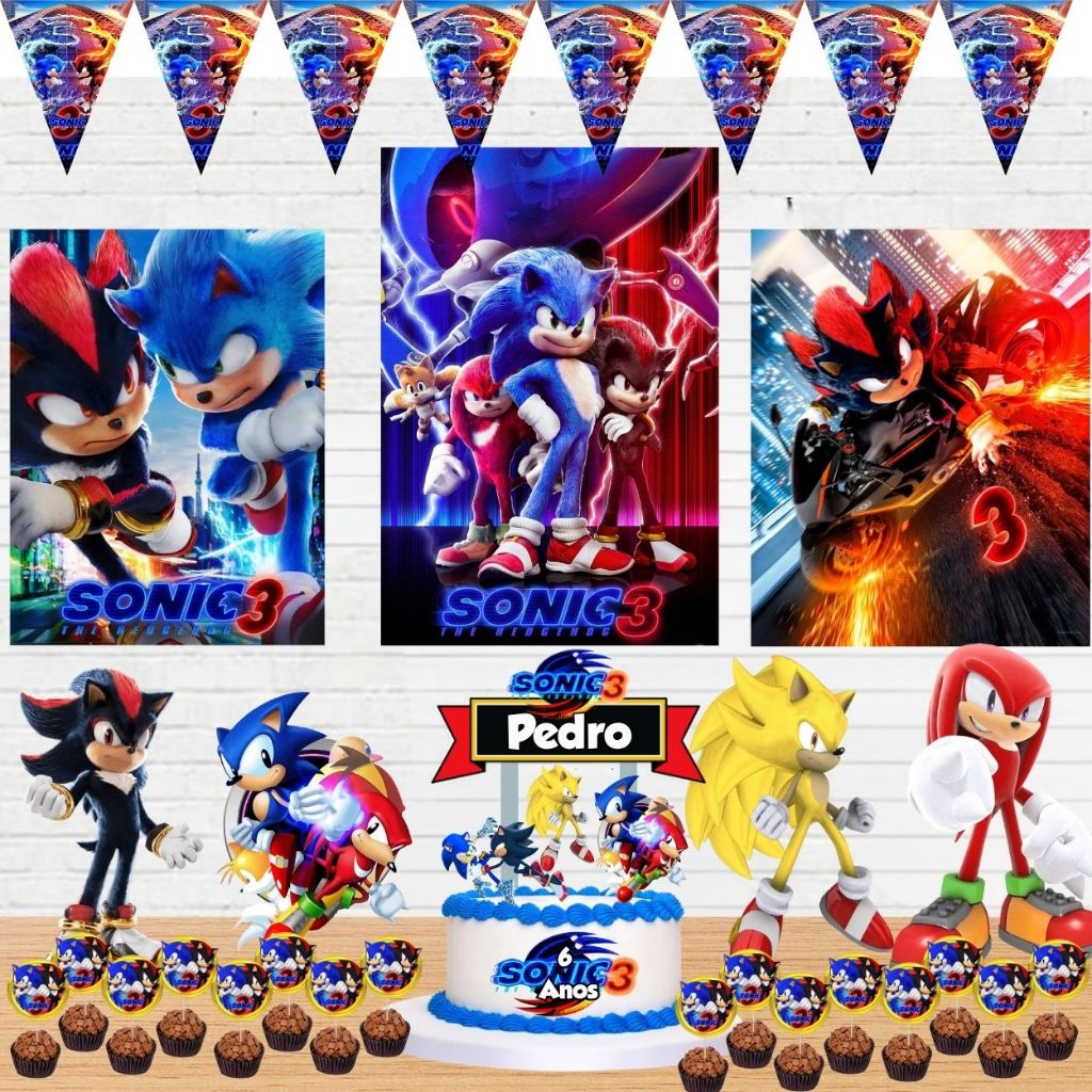 Kit só um bolinho festa Sonic 3, Decoração personalizada com nome e idade no topo do bolo. Sonic