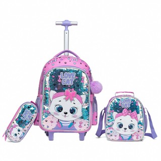 Kit Mochila Escolar Gatinha Menina Rodinha Estojo+lancheira em Oferta na Shopee